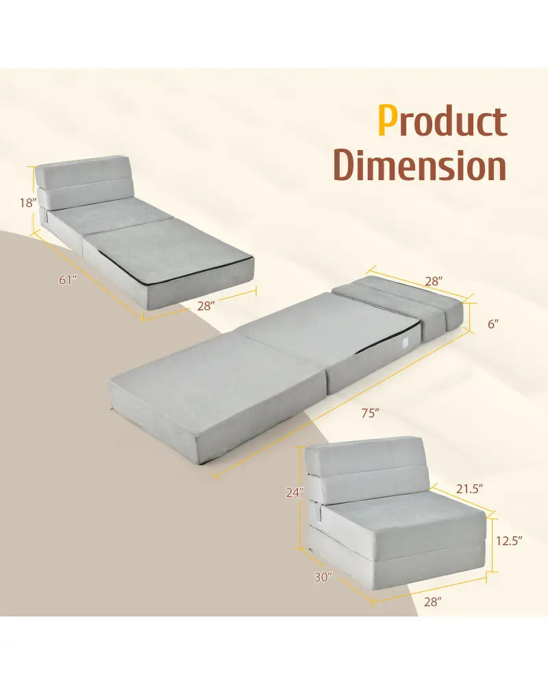 Tri-Fold Folding Chair Convertible Sleeper Bed-Gray - Gray - Floor Chairs