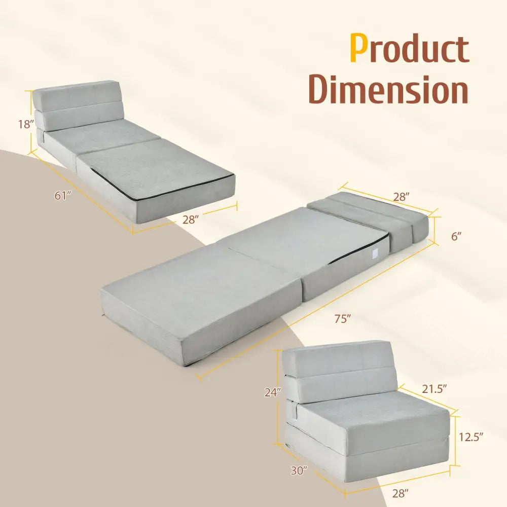Tri-Fold Folding Chair Convertible Sleeper Bed-Gray - Gray - Floor Chairs