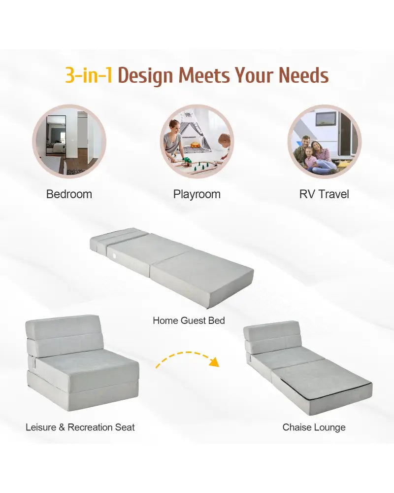 Tri-Fold Folding Chair Convertible Sleeper Bed-Gray - Gray - Floor Chairs