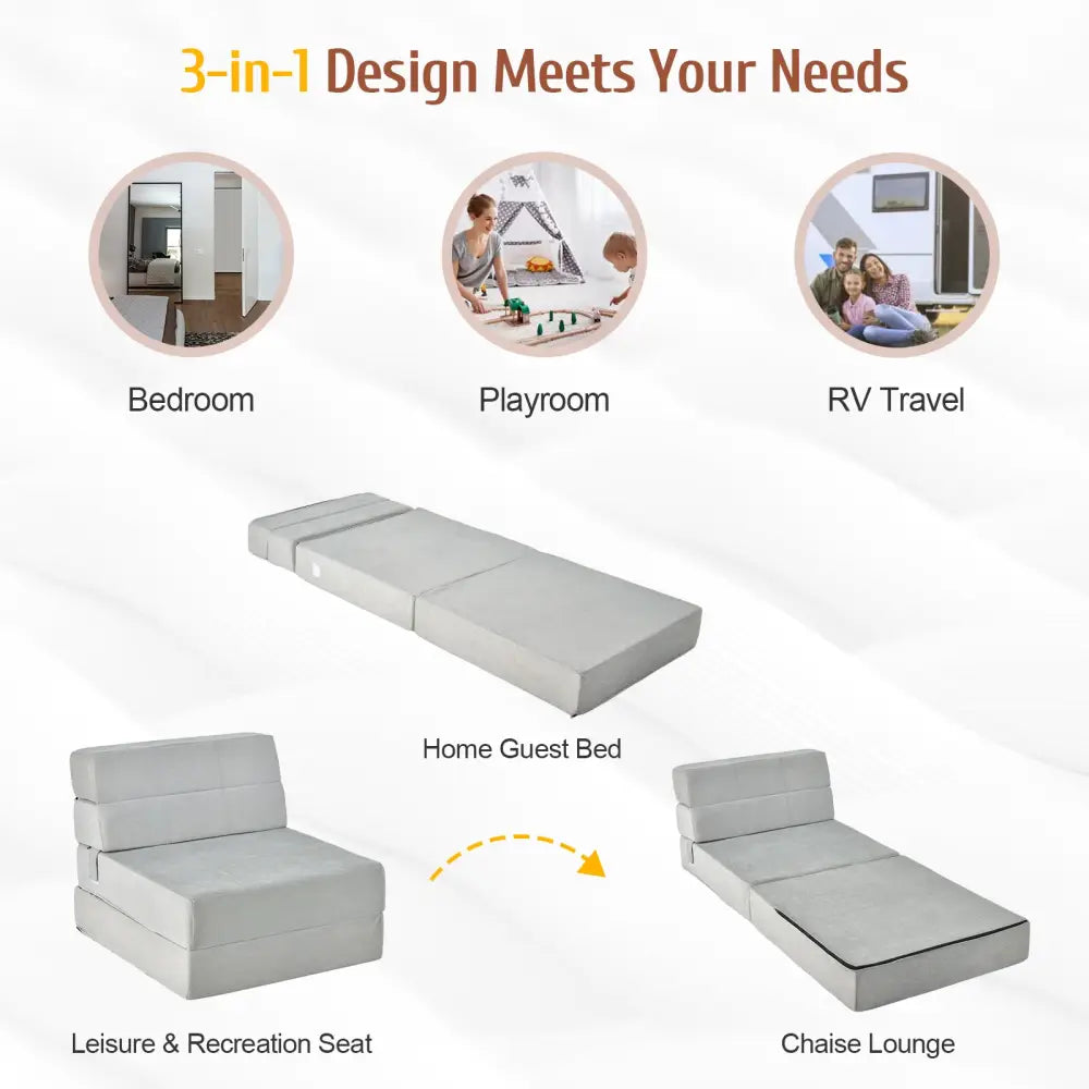 Tri-Fold Folding Chair Convertible Sleeper Bed-Gray - Gray - Floor Chairs