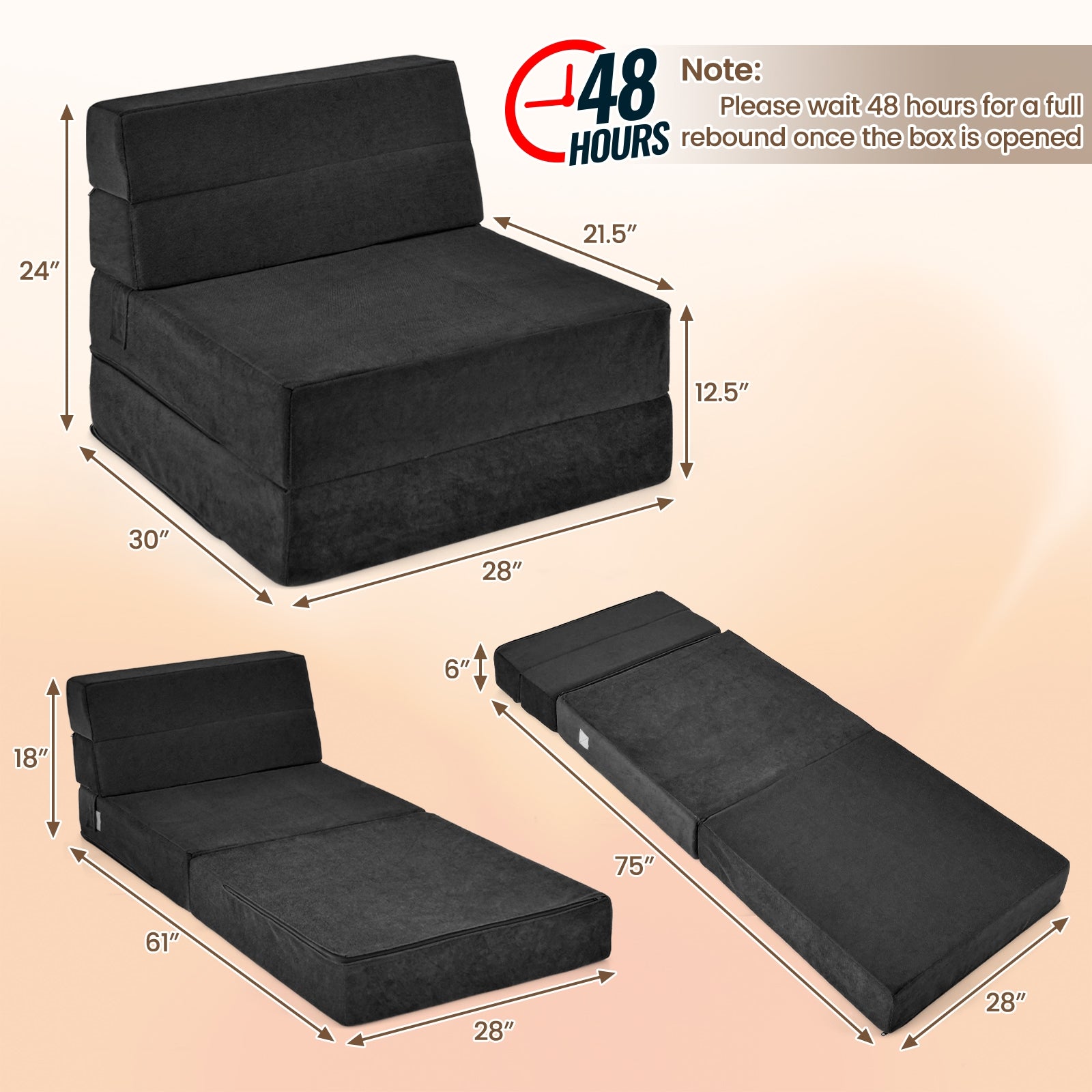 Tri-Fold Folding Chair Convertible Sleeper Bed-Black