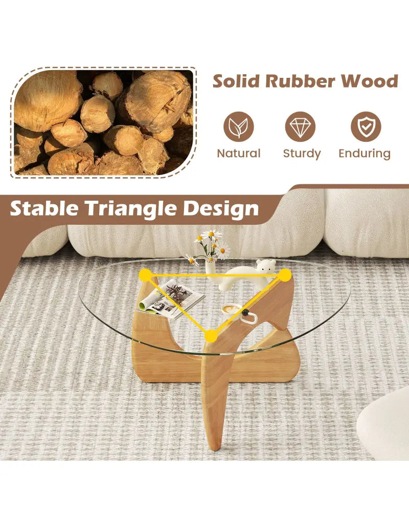 Triangle Coffee Table with Tempered Glass Top and Adjustable Rubber Wood Base-Natural - Natural - Coffee Tables