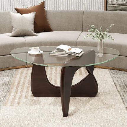 Triangle Coffee Table with Tempered Glass Top and Adjustable Rubber Wood Base-Walnut - Walnut - Coffee Tables