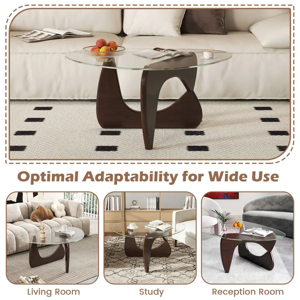Triangle Coffee Table with Tempered Glass Top and Adjustable Rubber Wood Base-Walnut - Walnut - Coffee Tables