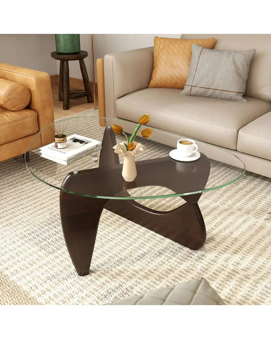 Triangle Coffee Table with Tempered Glass Top and Adjustable Rubber Wood Base-Walnut - Walnut - Coffee Tables