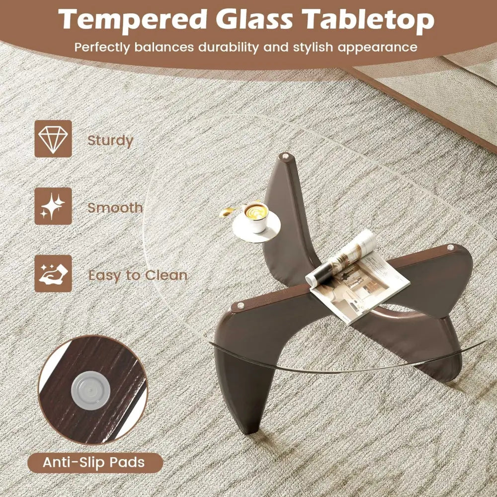 Triangle Coffee Table with Tempered Glass Top and Adjustable Rubber Wood Base-Walnut - Walnut - Coffee Tables