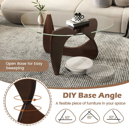 Triangle Coffee Table with Tempered Glass Top and Adjustable Rubber Wood Base-Walnut - Walnut - Coffee Tables
