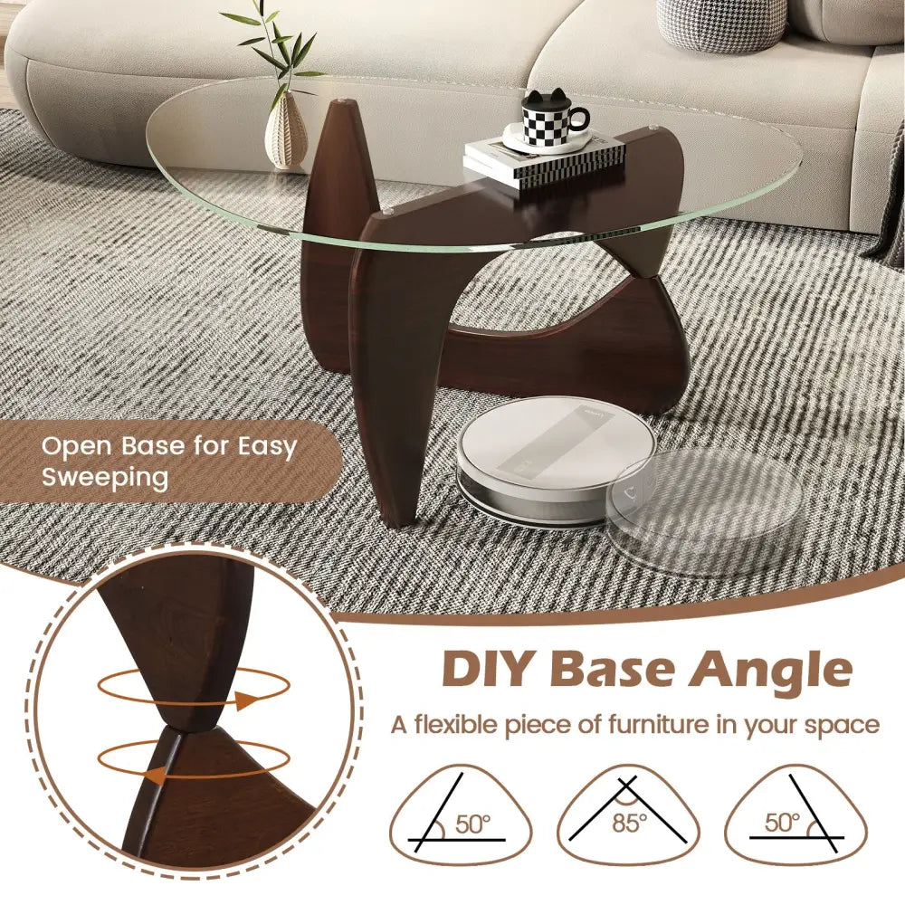 Triangle Coffee Table with Tempered Glass Top and Adjustable Rubber Wood Base-Walnut - Walnut - Coffee Tables