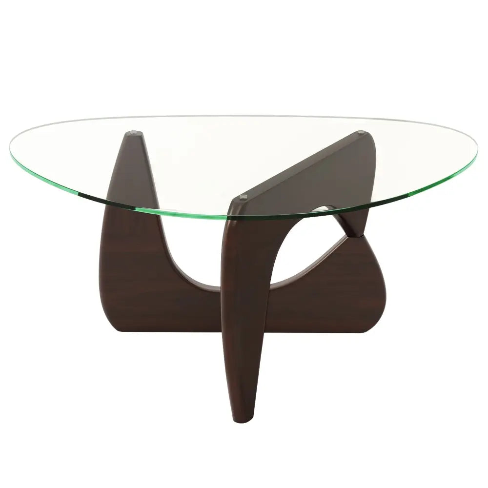 Triangle Coffee Table with Tempered Glass Top and Adjustable Rubber Wood Base-Walnut - Walnut - Coffee Tables