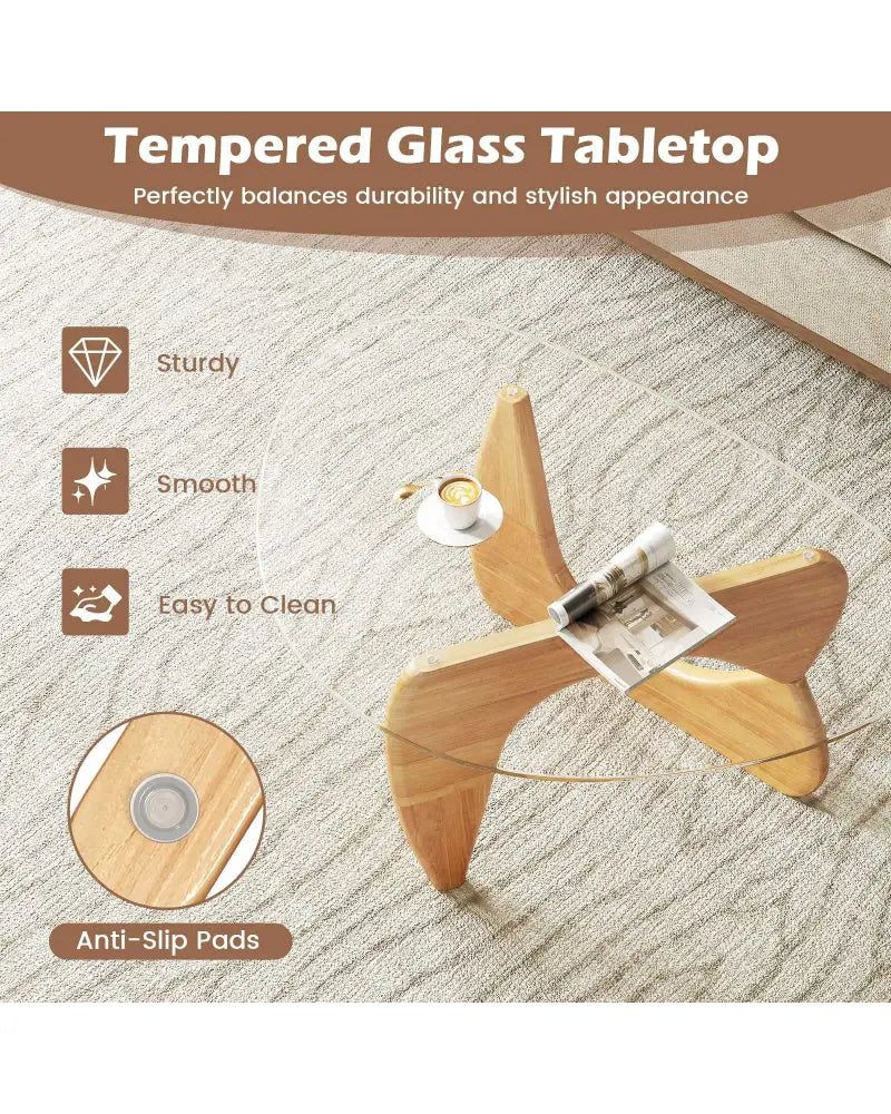 Triangle Coffee Table with Tempered Glass Top and Adjustable Rubber Wood Base-Natural - Natural - Coffee Tables