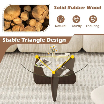 Triangle Coffee Table with Tempered Glass Top and Adjustable Rubber Wood Base-Walnut - Walnut - Coffee Tables