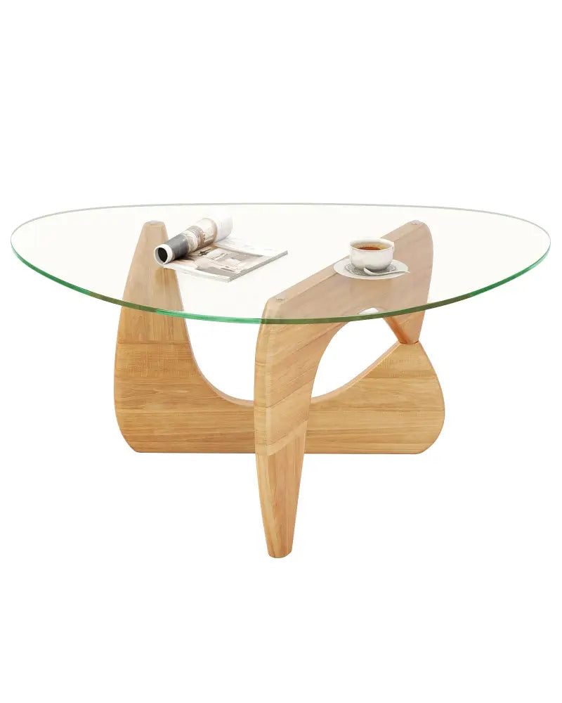 Triangle Coffee Table with Tempered Glass Top and Adjustable Rubber Wood Base-Natural - Natural - Coffee Tables