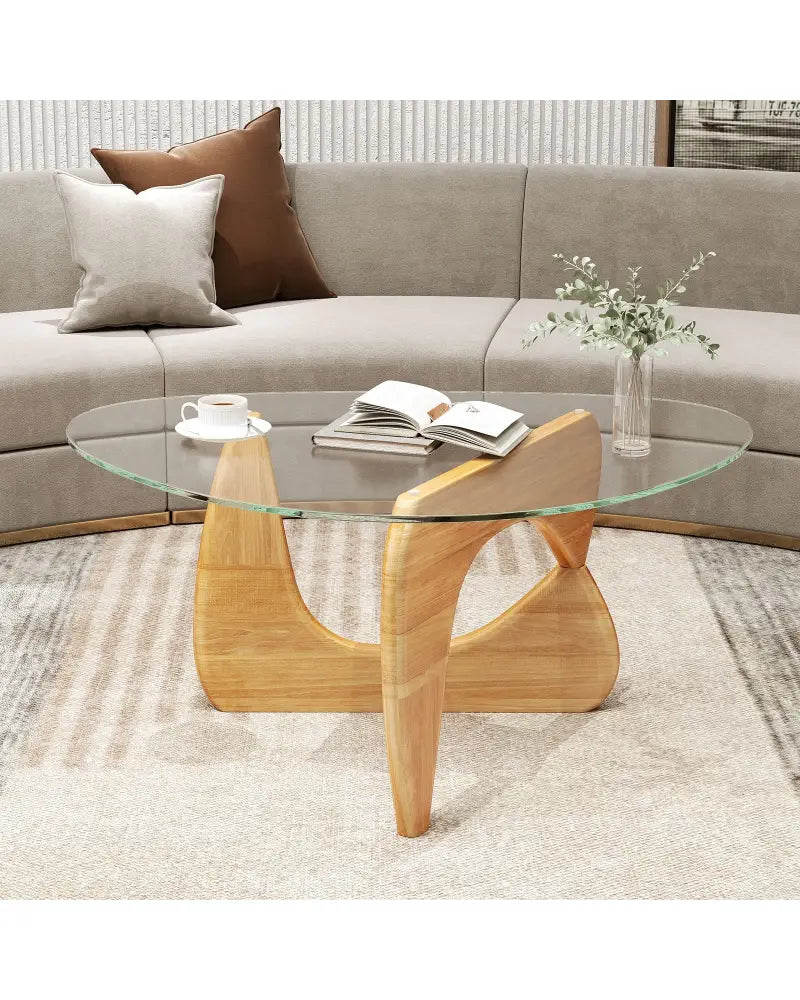 Triangle Coffee Table with Tempered Glass Top and Adjustable Rubber Wood Base-Natural - Natural - Coffee Tables