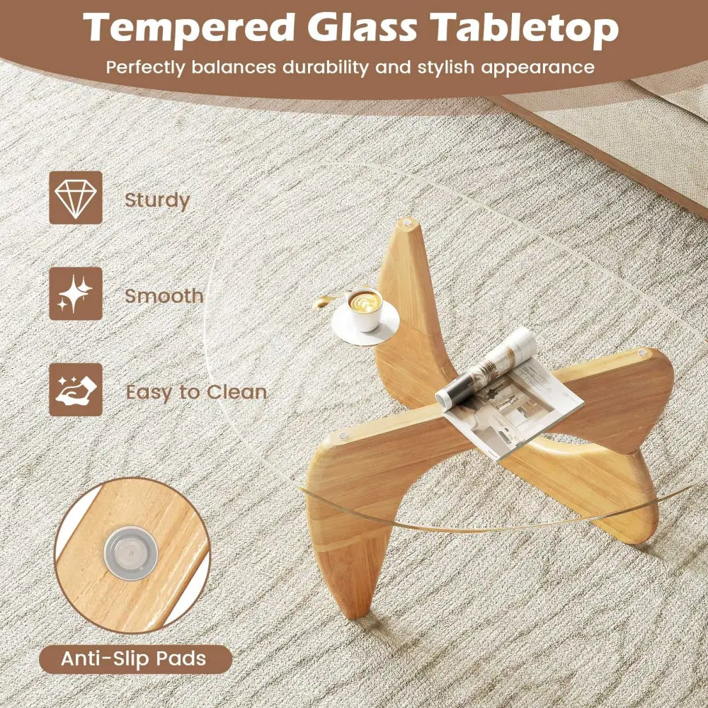 Triangle Coffee Table with Tempered Glass Top and Adjustable Rubber Wood Base-Natural - Natural - Coffee Tables