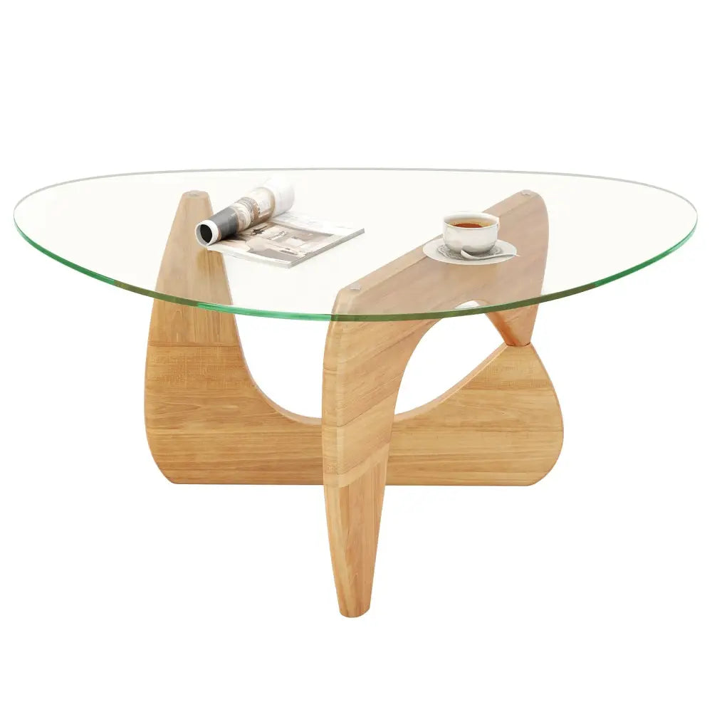 Triangle Coffee Table with Tempered Glass Top and Adjustable Rubber Wood Base-Natural - Natural - Coffee Tables