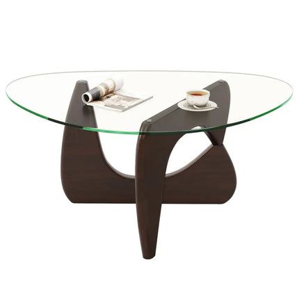 Triangle Coffee Table with Tempered Glass Top and Adjustable Rubber Wood Base-Walnut - Walnut - Coffee Tables