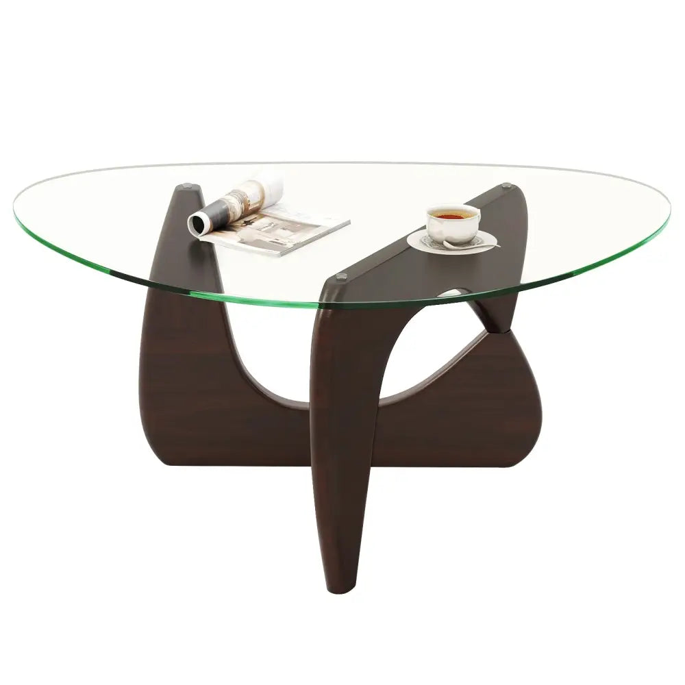Triangle Coffee Table with Tempered Glass Top and Adjustable Rubber Wood Base-Walnut - Walnut - Coffee Tables