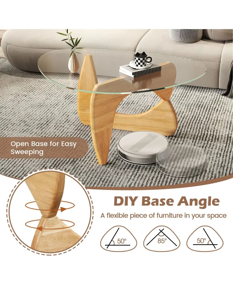 Triangle Coffee Table with Tempered Glass Top and Adjustable Rubber Wood Base-Natural - Natural - Coffee Tables