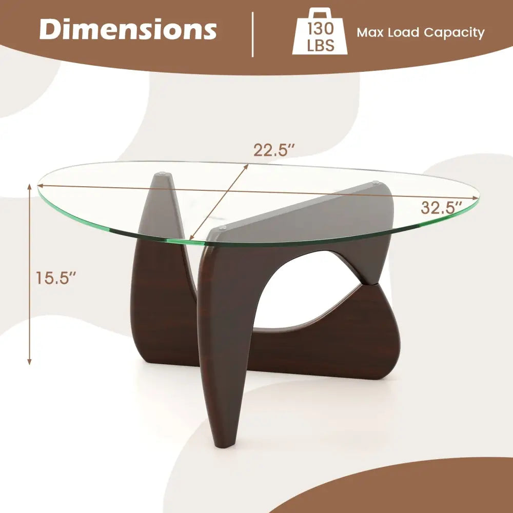 Triangle Coffee Table with Tempered Glass Top and Adjustable Rubber Wood Base-Walnut - Walnut - Coffee Tables
