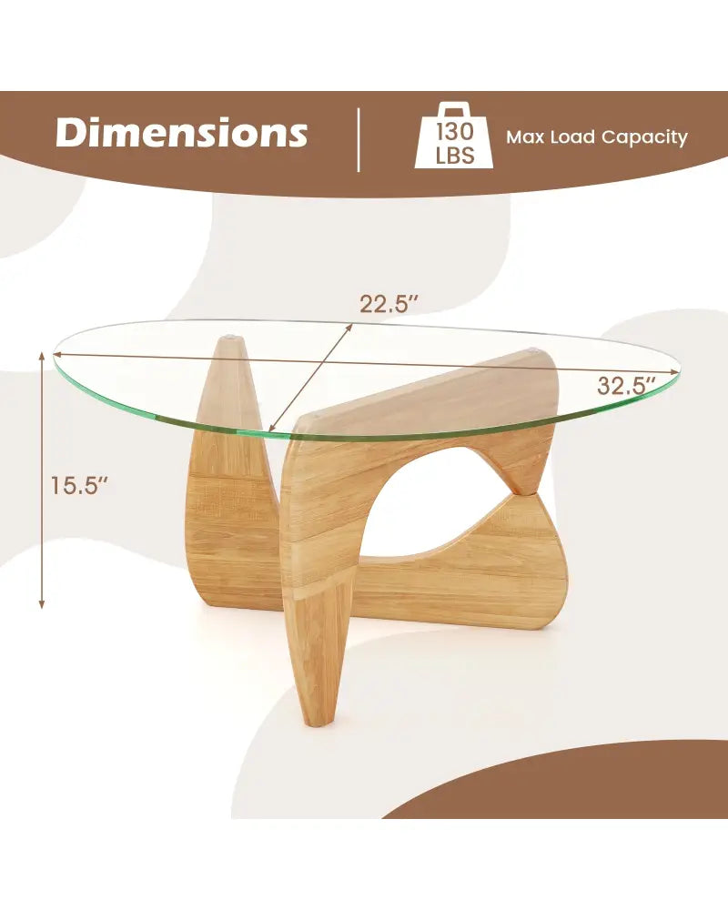 Triangle Coffee Table with Tempered Glass Top and Adjustable Rubber Wood Base-Natural - Natural - Coffee Tables