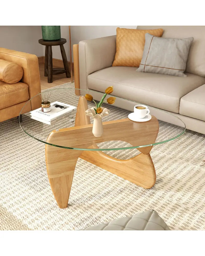 Triangle Coffee Table with Tempered Glass Top and Adjustable Rubber Wood Base-Natural - Natural - Coffee Tables