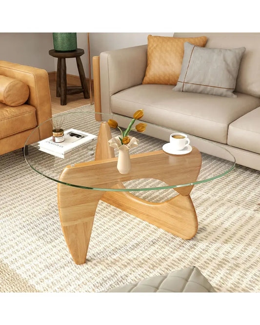 Triangle Coffee Table with Tempered Glass Top and Adjustable Rubber Wood Base-Natural - Natural - Coffee Tables