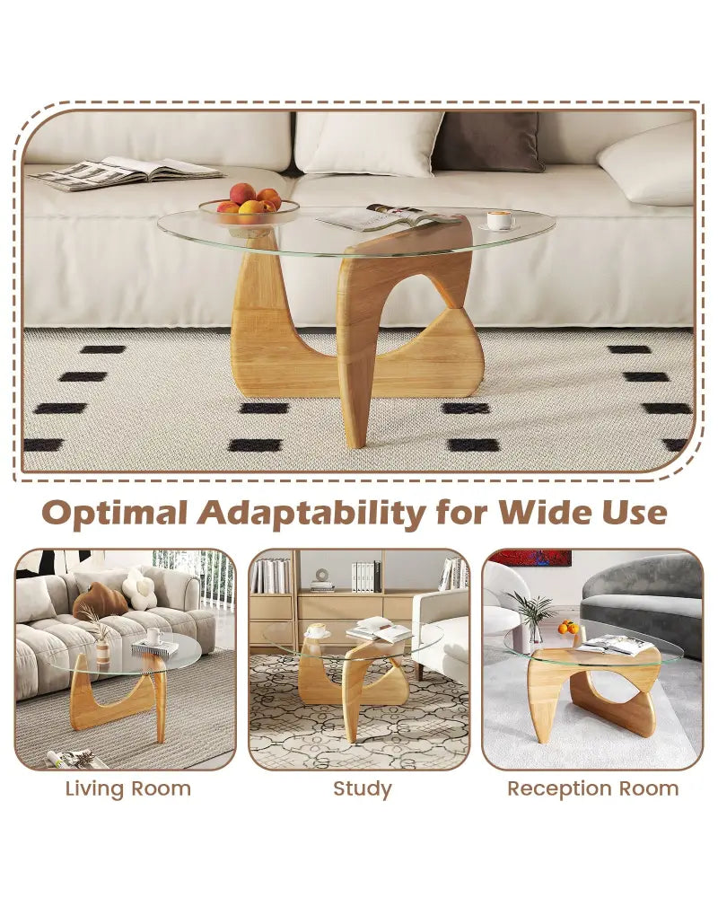Triangle Coffee Table with Tempered Glass Top and Adjustable Rubber Wood Base-Natural - Natural - Coffee Tables
