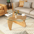 Triangle Coffee Table with Tempered Glass Top and Adjustable Rubber Wood Base-Natural - Natural - Coffee Tables