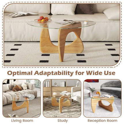 Triangle Coffee Table with Tempered Glass Top and Adjustable Rubber Wood Base-Natural - Natural - Coffee Tables