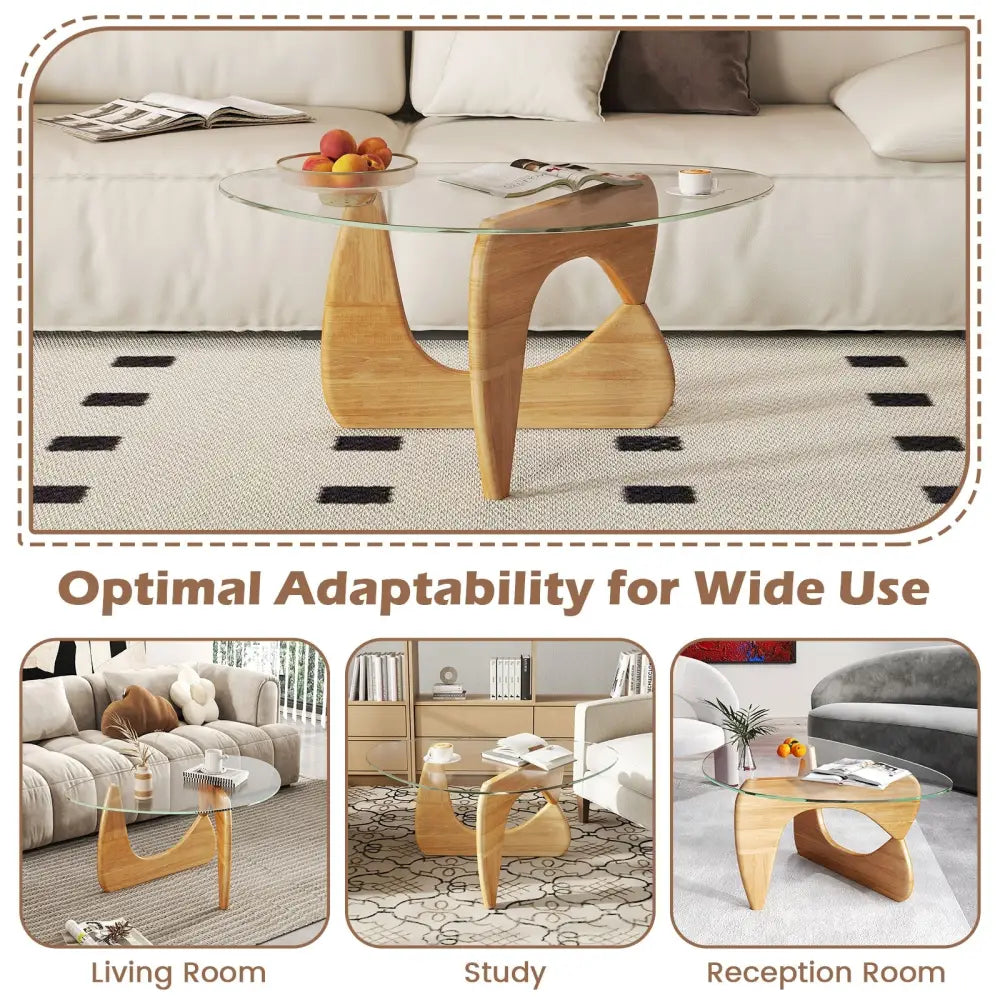 Triangle Coffee Table with Tempered Glass Top and Adjustable Rubber Wood Base-Natural - Natural - Coffee Tables