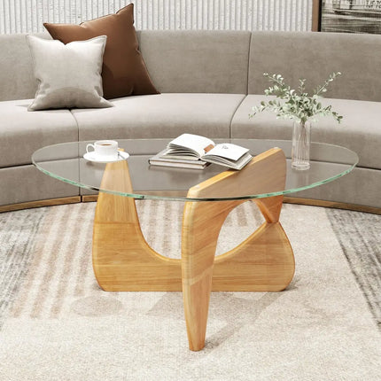 Triangle Coffee Table with Tempered Glass Top and Adjustable Rubber Wood Base-Natural - Natural - Coffee Tables