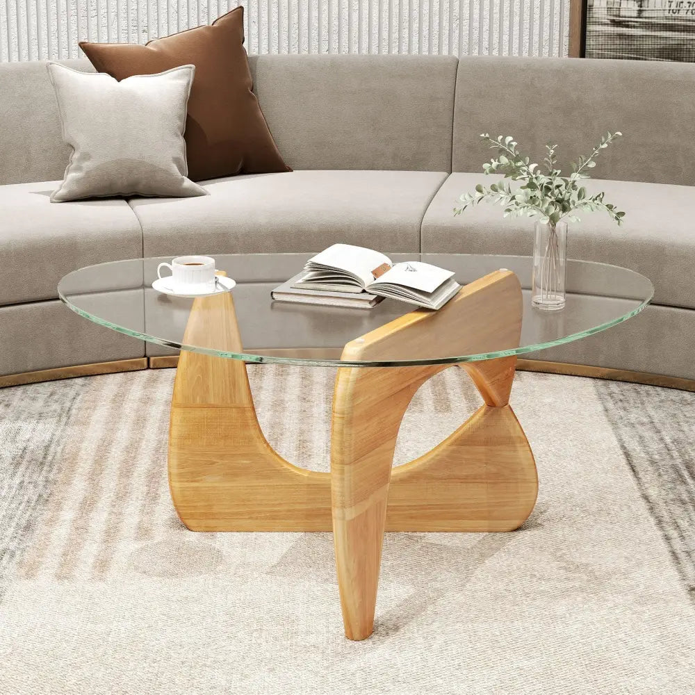 Triangle Coffee Table with Tempered Glass Top and Adjustable Rubber Wood Base-Natural - Natural - Coffee Tables