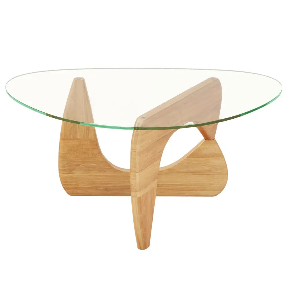 Triangle Coffee Table with Tempered Glass Top and Adjustable Rubber Wood Base-Natural - Natural - Coffee Tables