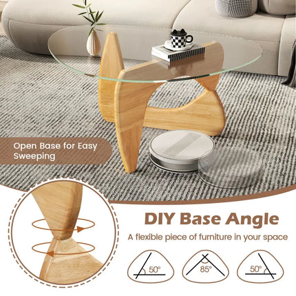 Triangle Coffee Table with Tempered Glass Top and Adjustable Rubber Wood Base-Natural - Natural - Coffee Tables