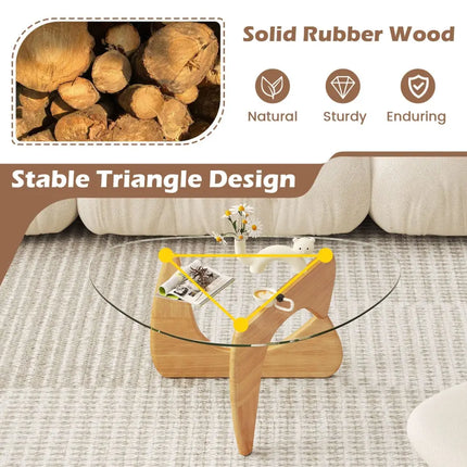 Triangle Coffee Table with Tempered Glass Top and Adjustable Rubber Wood Base-Natural - Natural - Coffee Tables