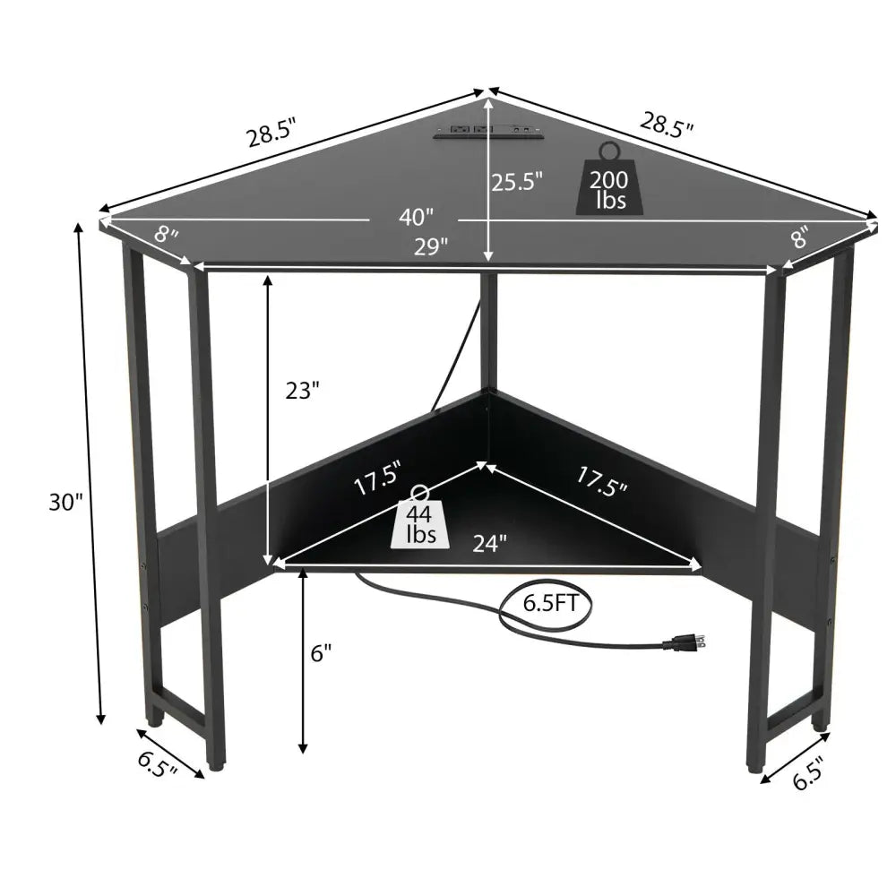 Triangle Computer Corner Desk with Charging Station-Black - Black - Corner Desks