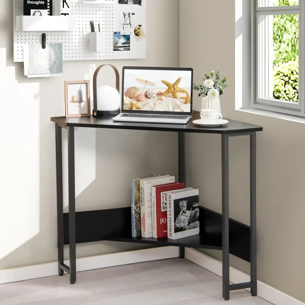 Triangle Computer Corner Desk with Charging Station-Black - Black - Corner Desks