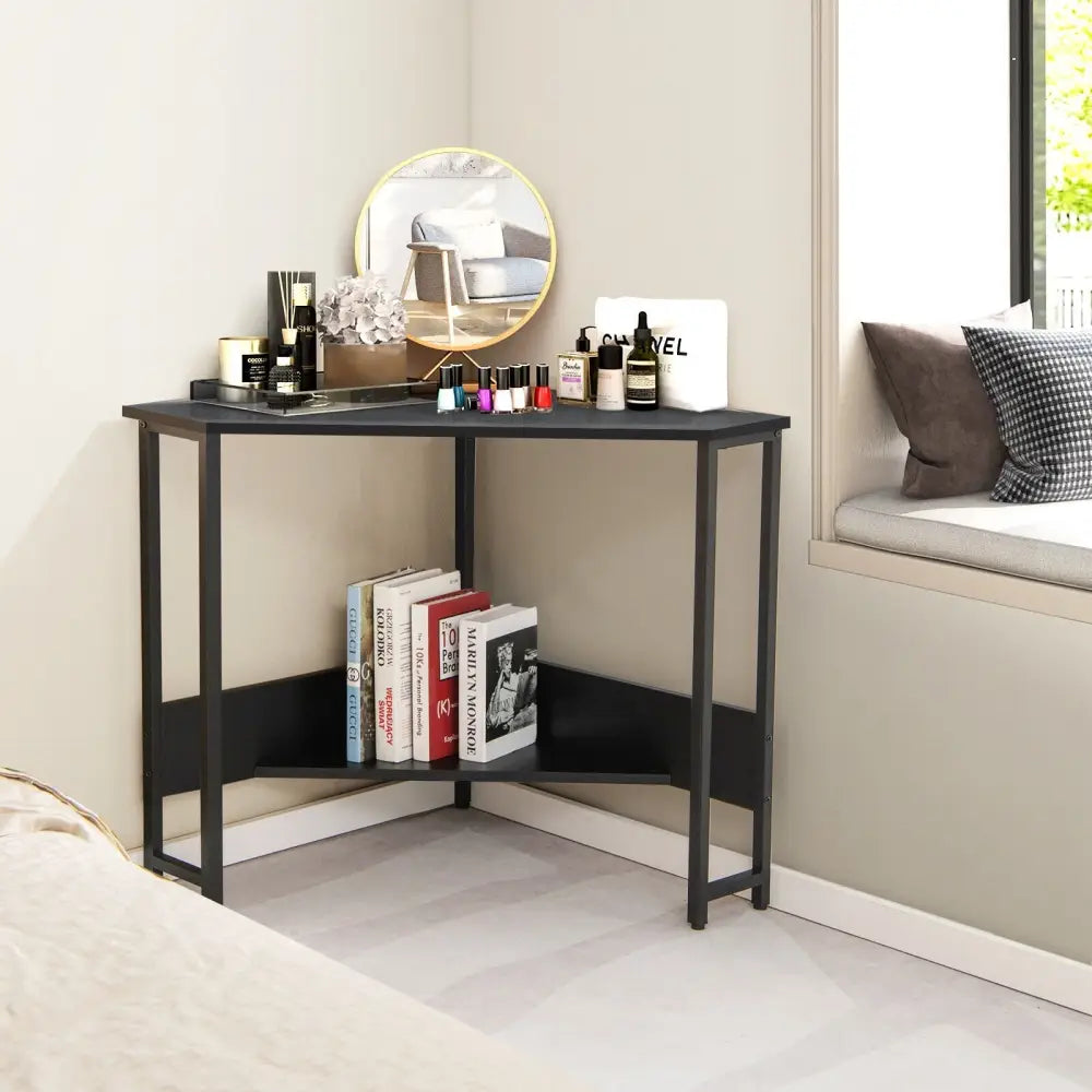 Triangle Computer Corner Desk with Charging Station-Black - Black - Corner Desks