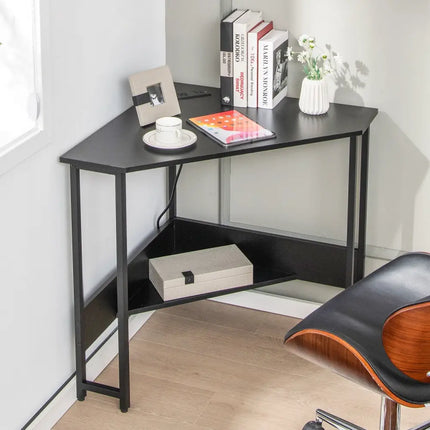 Triangle Computer Corner Desk with Charging Station-Black - Black - Corner Desks