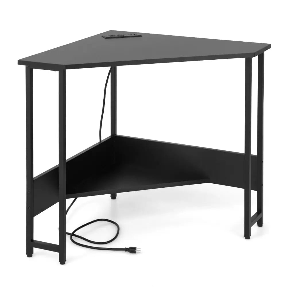 Triangle Computer Corner Desk with Charging Station-Black - Black - Corner Desks