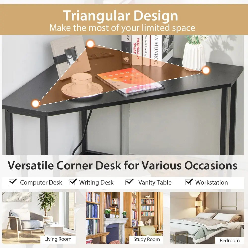 Triangle Computer Corner Desk with Charging Station-Black - Black - Corner Desks