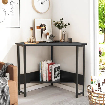 Triangle Computer Corner Desk with Charging Station-Black - Black - Corner Desks