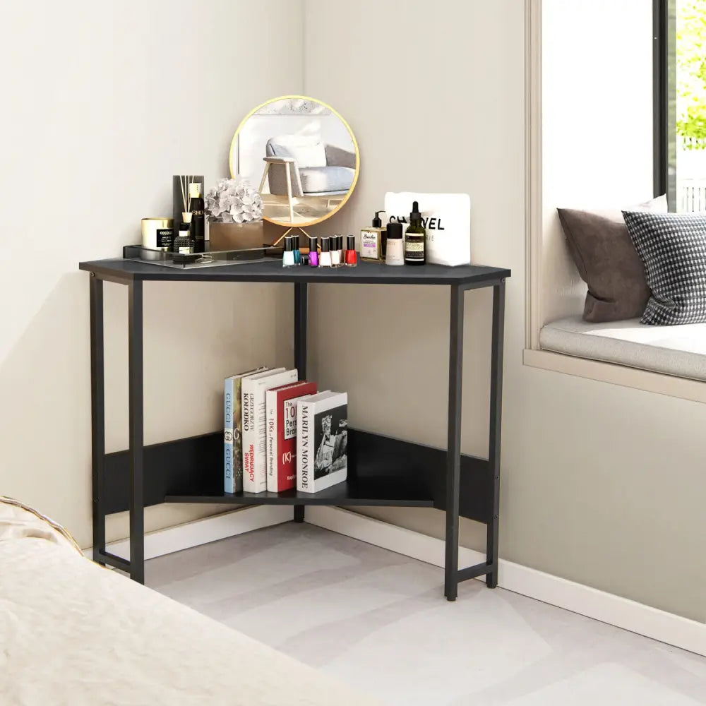 Triangle Computer Corner Desk with Charging Station-Black - Black - Corner Desks