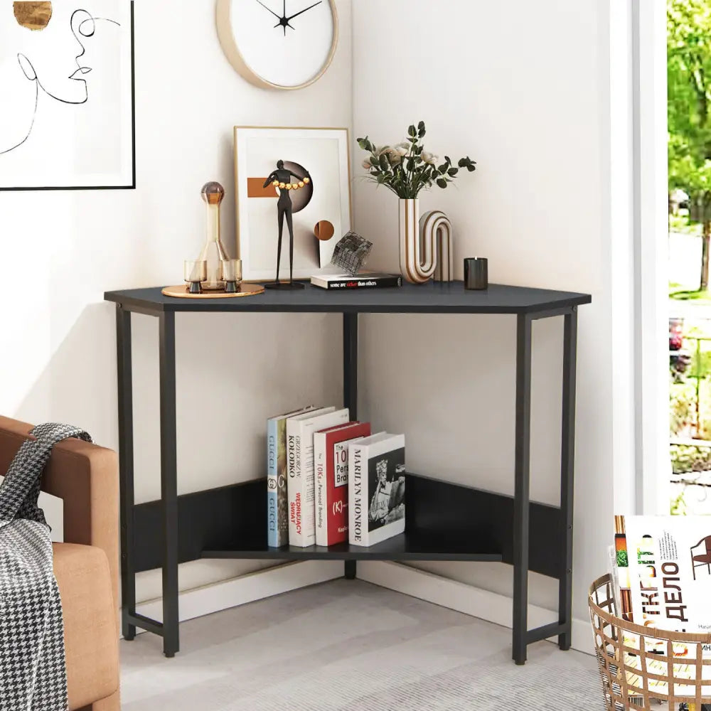 Triangle Computer Corner Desk with Charging Station-Black - Black - Corner Desks