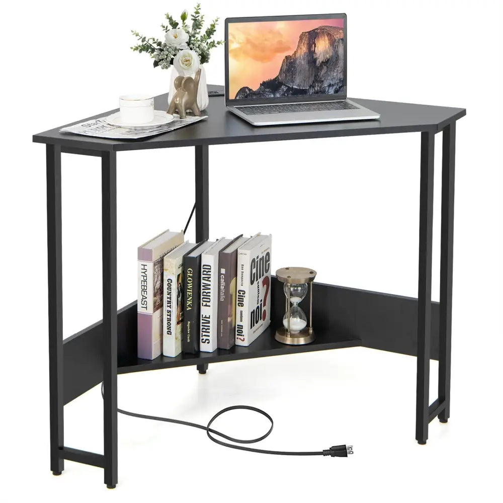 Triangle Computer Corner Desk with Charging Station-Black - Black - Corner Desks