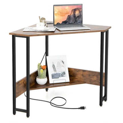 Triangle Computer Corner Desk with Charging Station-Rustic Brown - Rustic Brown - Corner Desks