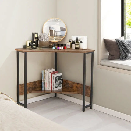 Triangle Computer Corner Desk with Charging Station-Rustic Brown - Rustic Brown - Corner Desks