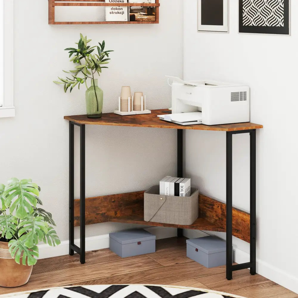 Triangle Computer Corner Desk with Charging Station-Rustic Brown - Rustic Brown - Corner Desks