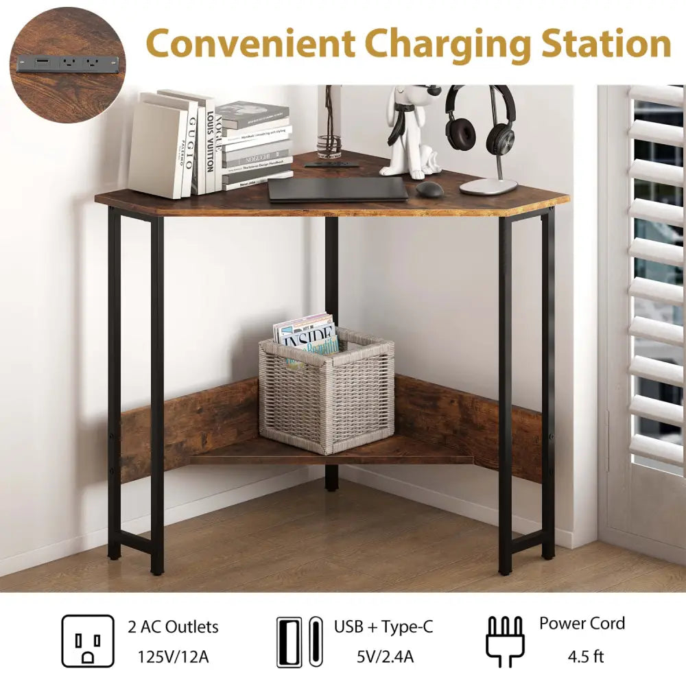Triangle Computer Corner Desk with Charging Station-Rustic Brown - Rustic Brown - Corner Desks