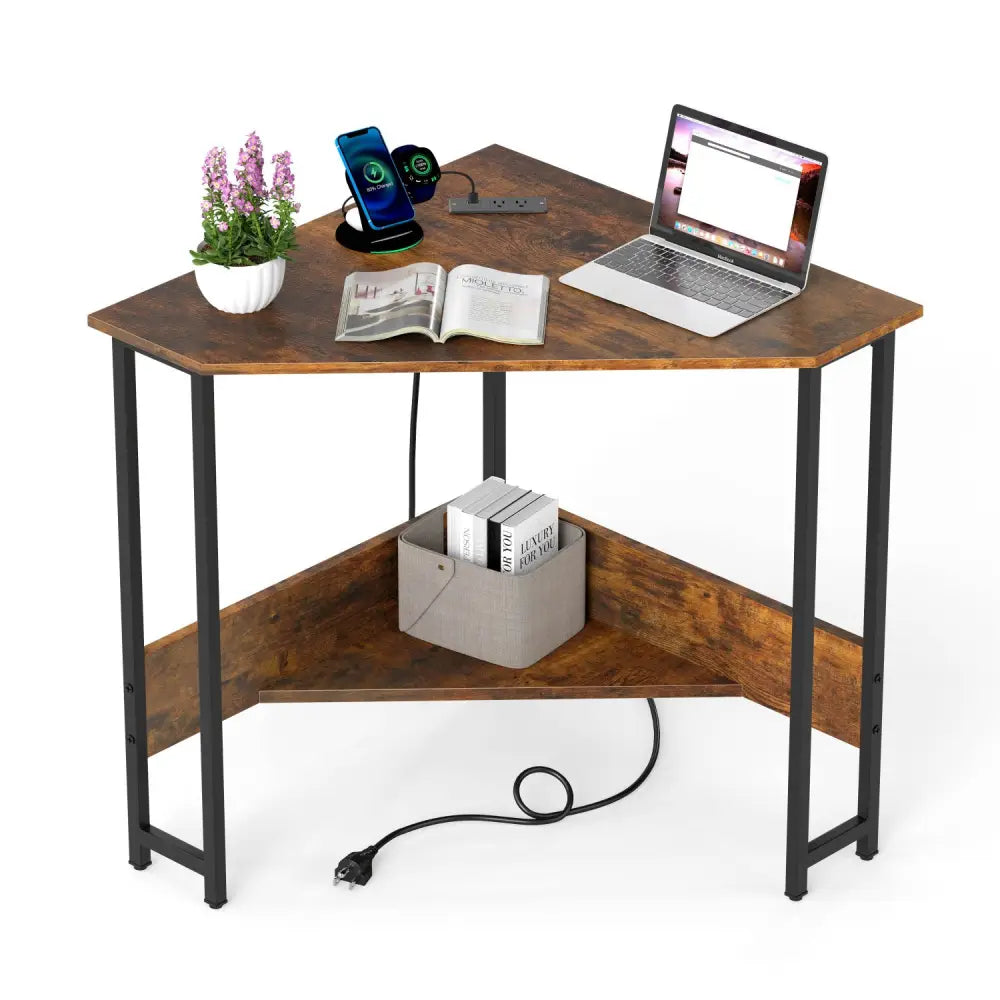 Triangle Computer Corner Desk with Charging Station-Rustic Brown - Rustic Brown - Corner Desks
